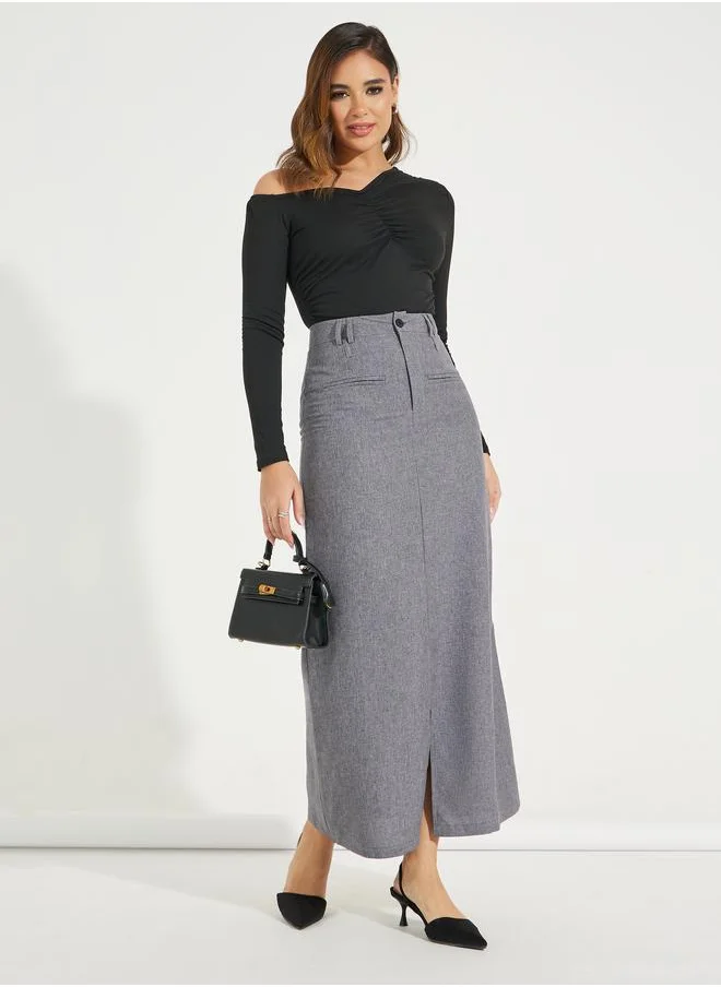 Styli Solid Maxi Skirt with Front Slit & Pockets