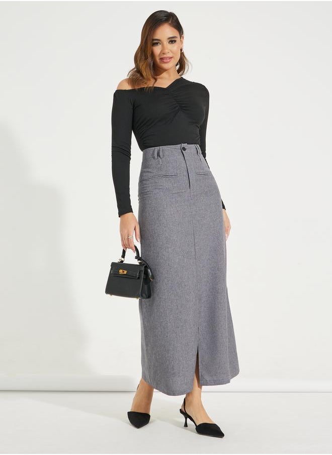Styli Solid Maxi Skirt with Front Slit & Pockets  - Image 1