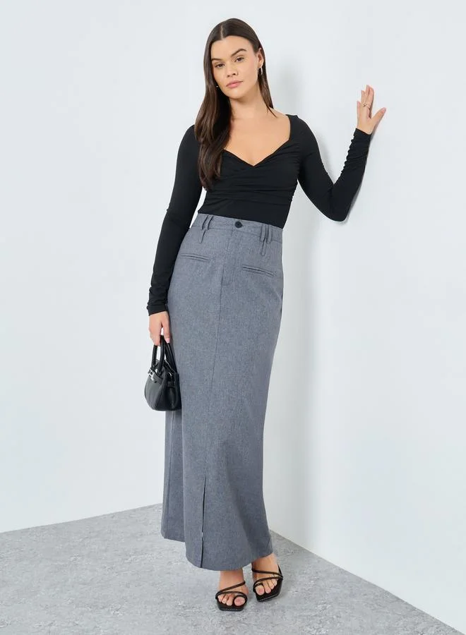 Styli Solid Maxi Skirt with Front Slit and Pockets