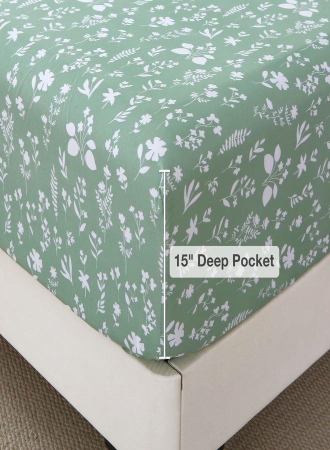 Viviland Sage Green Full Sheet Set - 4 Piece Vintage Green Flower Patterned Bed Sheets - Soft, Breathable Microfiber Floral Sheets with Deep Pocket, Non-Slip Fitted Sheets & Pillowcases - Image 3