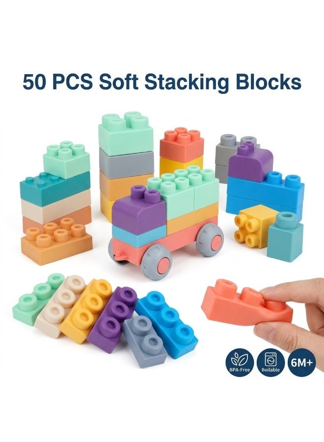 unikbebe 50 PCS Baby Stacking Blocks - Soft Silicone Building Blocks for Toddlers, BPA-Free Teething Toy, Boilable & Bite-Resistant Big Blocks, Safe Sensory Stacking Toy for Kids 6 Months to 5 Years, Quiet Construction Bath Toy, Birthday Gift for Boys & Girls - Image 1