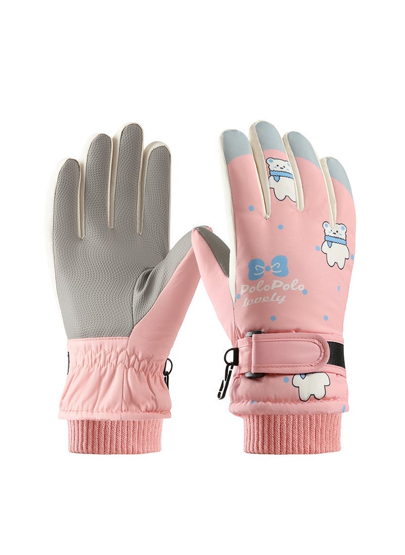 Generic Cross-border winter childrens ski gloves fleece-lined touch screen riding five finger non-slip windproof children student warm gloves Pink