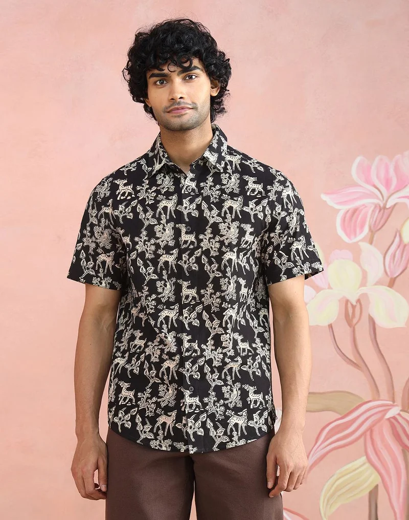 فاب انديا Black-Beige Cotton Bagru Printed Slim Fit Shirt