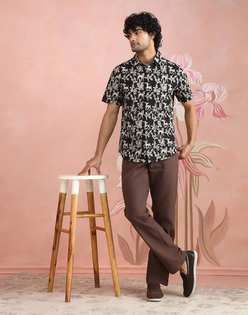 Fabindia  Black-Beige Cotton Bagru Printed Slim Fit Shirt for Men | Best Price UAE