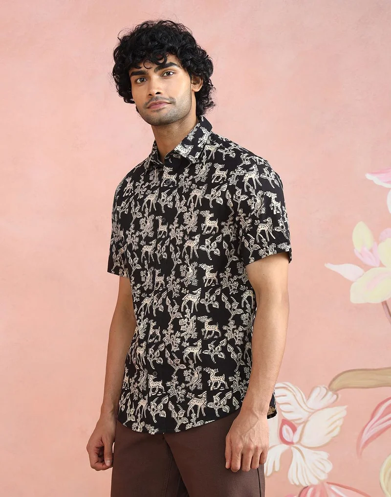 Fabindia  Black-Beige Cotton Bagru Printed Slim Fit Shirt for Men | Best Price UAE