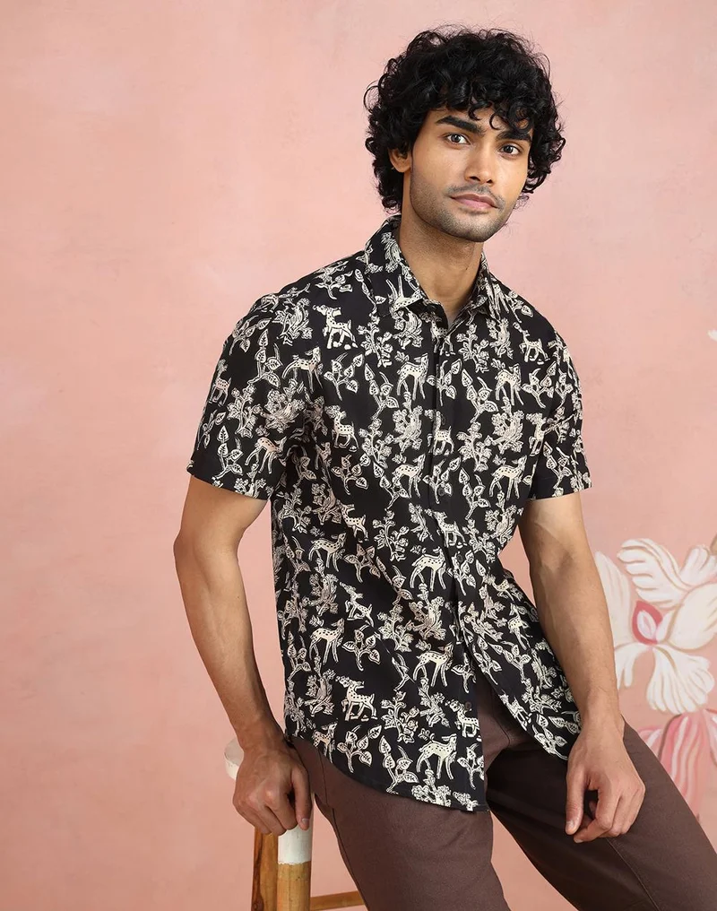فاب انديا Black-Beige Cotton Bagru Printed Slim Fit Shirt