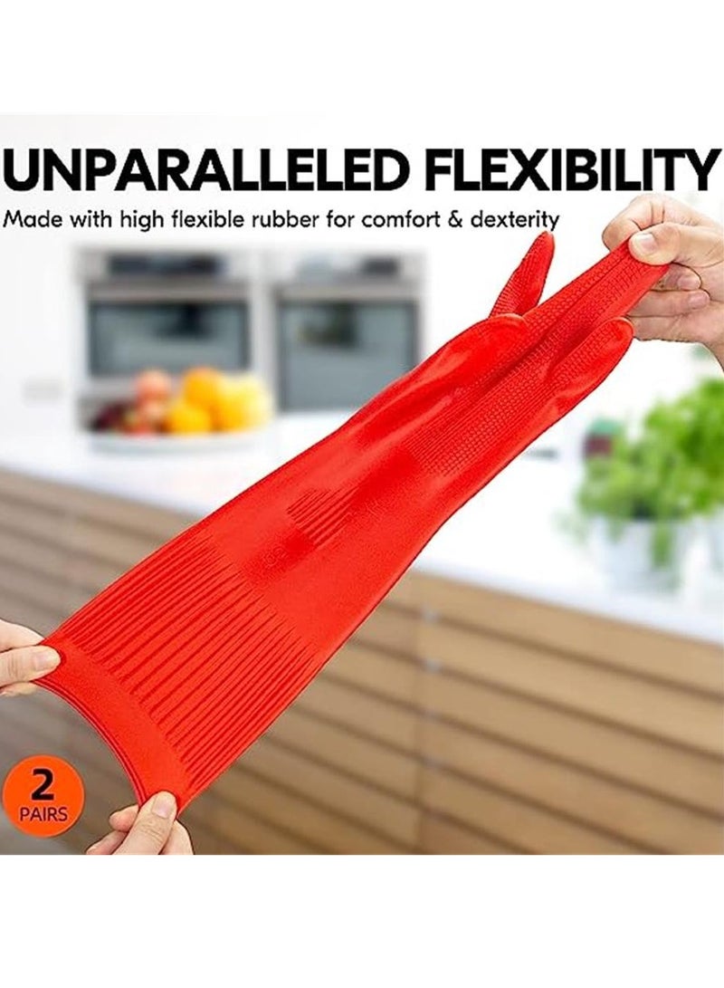 Vgo... 2-Pairs Dishwashing Gloves, Reusable Household Gloves, Kitchen Gloves, Long Sleeve, Thick Latex, Cleaning, Washing, Working, Painting, Gardening, Pet Care (Size M, Red) - Image 2