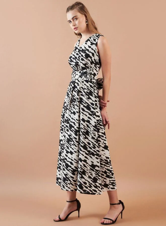 Freehand  Women Flared Abstract Printed V-Neck Sleeveless Midi Dress for Women | Best Price UAE