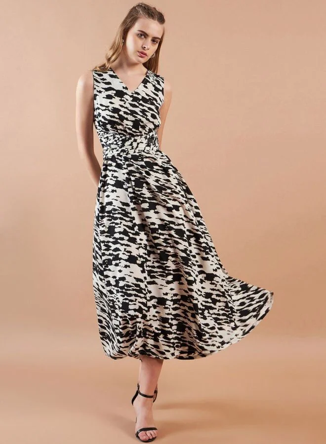 Freehand  Women Flared Abstract Printed V-Neck Sleeveless Midi Dress for Women | Best Price UAE