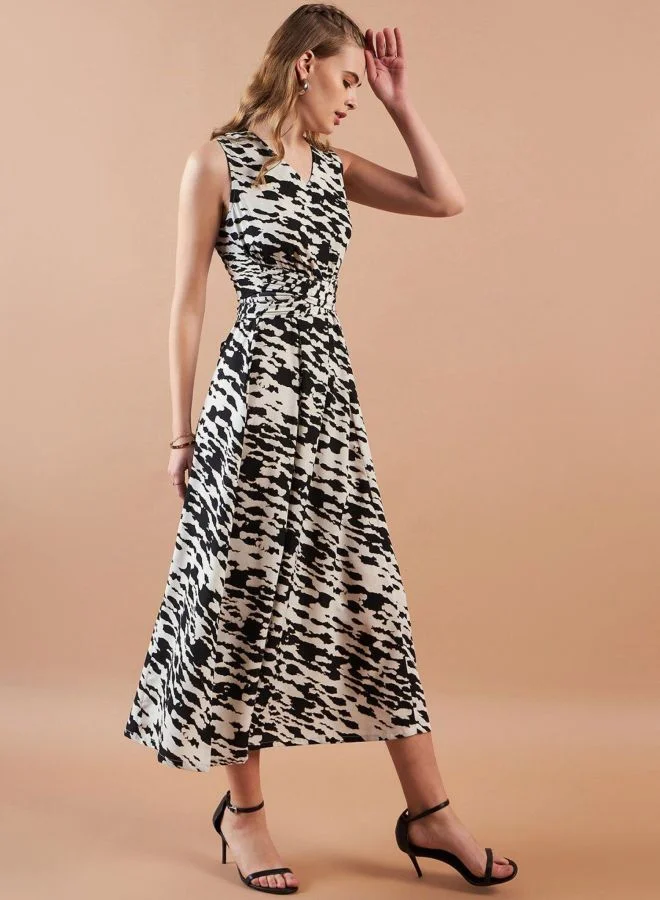 Freehand  Women Flared Abstract Printed V-Neck Sleeveless Midi Dress for Women | Best Price UAE