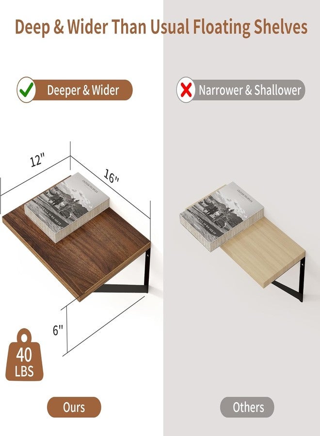 Craftware W12 Inch Deep Floating Shelves for Wall, 16W x 12D Wood Wall Shelves Set of 2, Walnut Wide Floating Bookshelf for Living Room, Kitchen, Office, Bedroom (Walnut) - Image 3