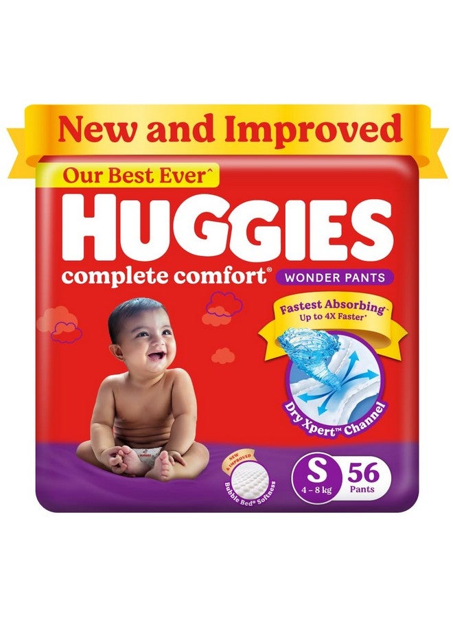 HUGGIES سراويل الراحة الكاملة العجيبة | حفاضات أطفال بأسلوب السروال حجم S، 56 قطعة | أسرع حفاضة ماصة في الهند، قنوات جافة مثالية، مثالية للوزن من 4 إلى 8 كجم - Image 1