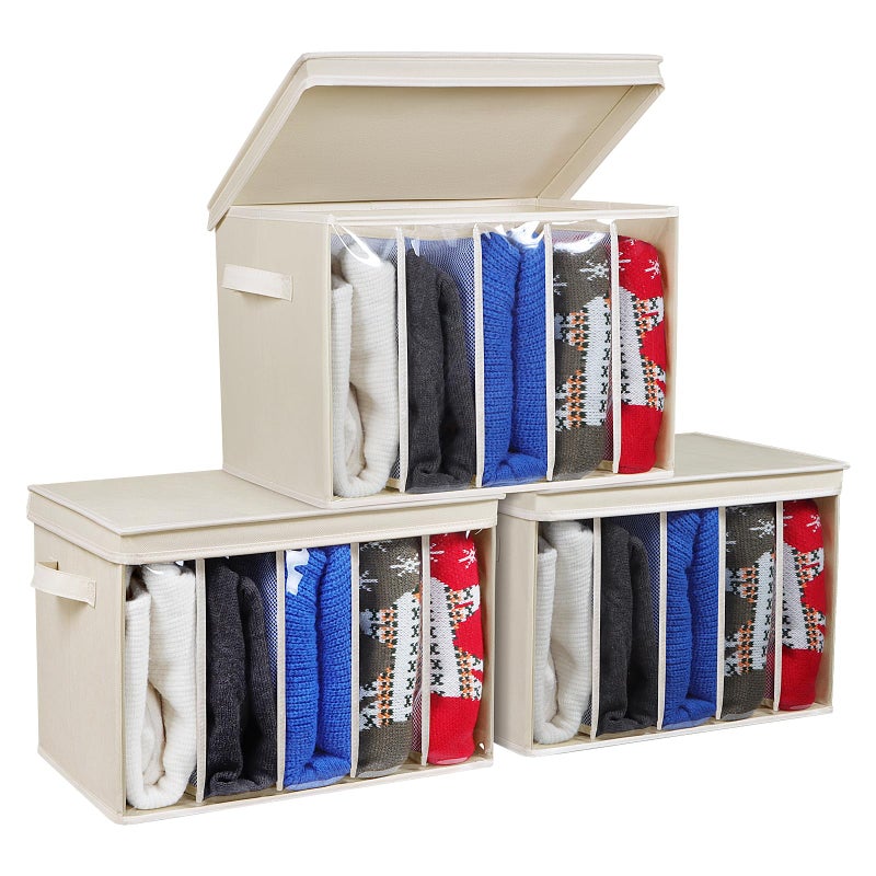 Zilink Upgraded Clothes Organizers with Lids and Support Boards Large Sweater Organizer for Closet Shelf with 5 Grids Divider Wardrobe Organizer for Sweaters, Jeans, Pants, Beige, 3 Pack - Image 1