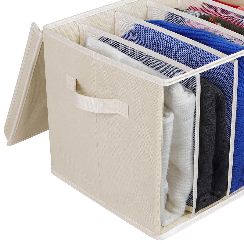 Zilink Upgraded Clothes Organizers with Lids and Support Boards Large Sweater Organizer for Closet Shelf with 5 Grids Divider Wardrobe Organizer for Sweaters, Jeans, Pants, Beige, 3 Pack - Image 3