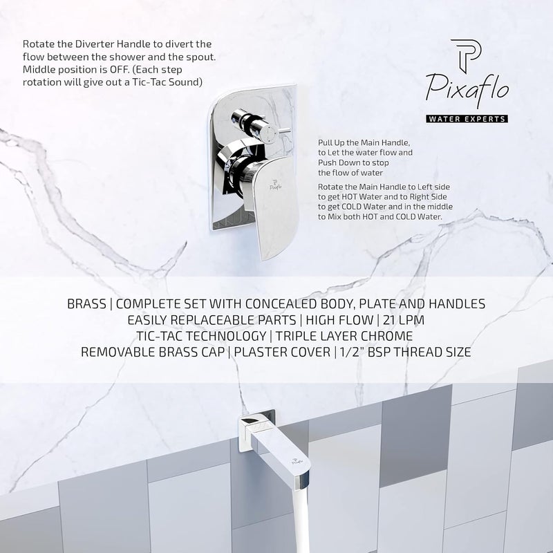 Pixaflo Brass Extant High Flow Single Lever 4 Way 2 Inlet Diverter TicTac Complete Set Bathroom Shower System Bathroom Mixer Chrome Finish - Image 4