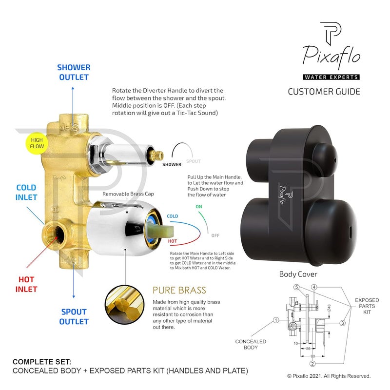 Pixaflo Brass Extant High Flow Single Lever 4 Way 2 Inlet Diverter TicTac Complete Set Bathroom Shower System Bathroom Mixer Chrome Finish - Image 5