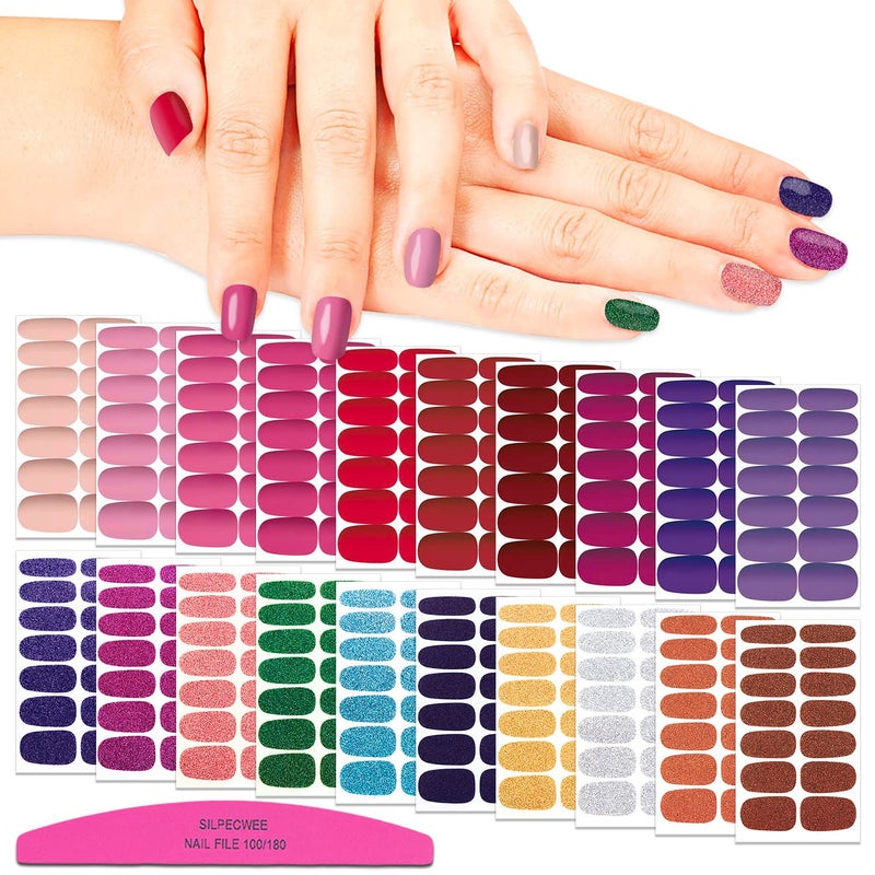 SILPECWEE 20 Sheets Nail Wraps for Women Glitter Solid Color Self Adhesive Nail Polish Strips Nail Sticker Polish Stick on Nails Nail Accessories with 1pc Nail File - Image 1