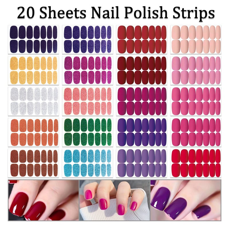 SILPECWEE 20 Sheets Nail Wraps for Women Glitter Solid Color Self Adhesive Nail Polish Strips Nail Sticker Polish Stick on Nails Nail Accessories with 1pc Nail File - Image 2
