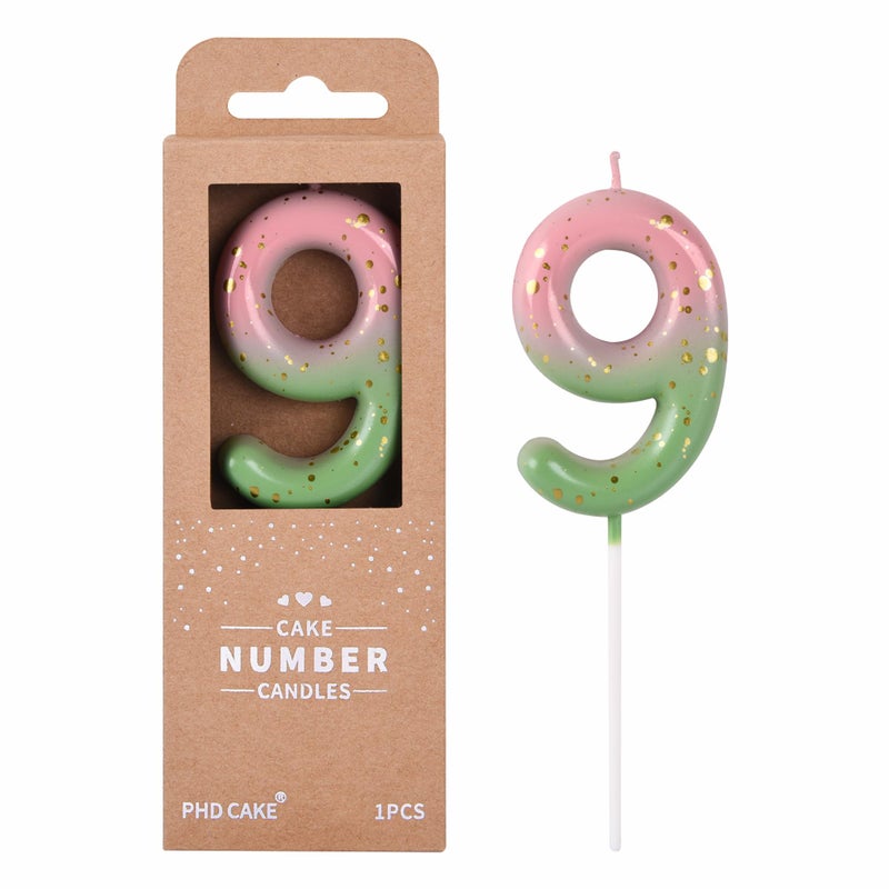 PHD CAKE 2.76 Inch Classical Pink Green Gold 9 Number Birthday Candles, Gold Number Candles, Cake Number Candles, Party Celebration - Image 1