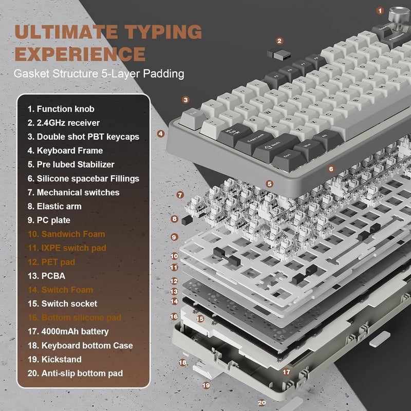 YUNZII B75 PRO Wireless Mechanical Keyboard,75% Layout with Knob,Hot Swap Gasket Custom Structure,Creamy Pre-lubed Switches,RGB Backlit,Bluetooth/Type-C/2.4G for Win/Mac (Milk Switch,Grey) - Image 4