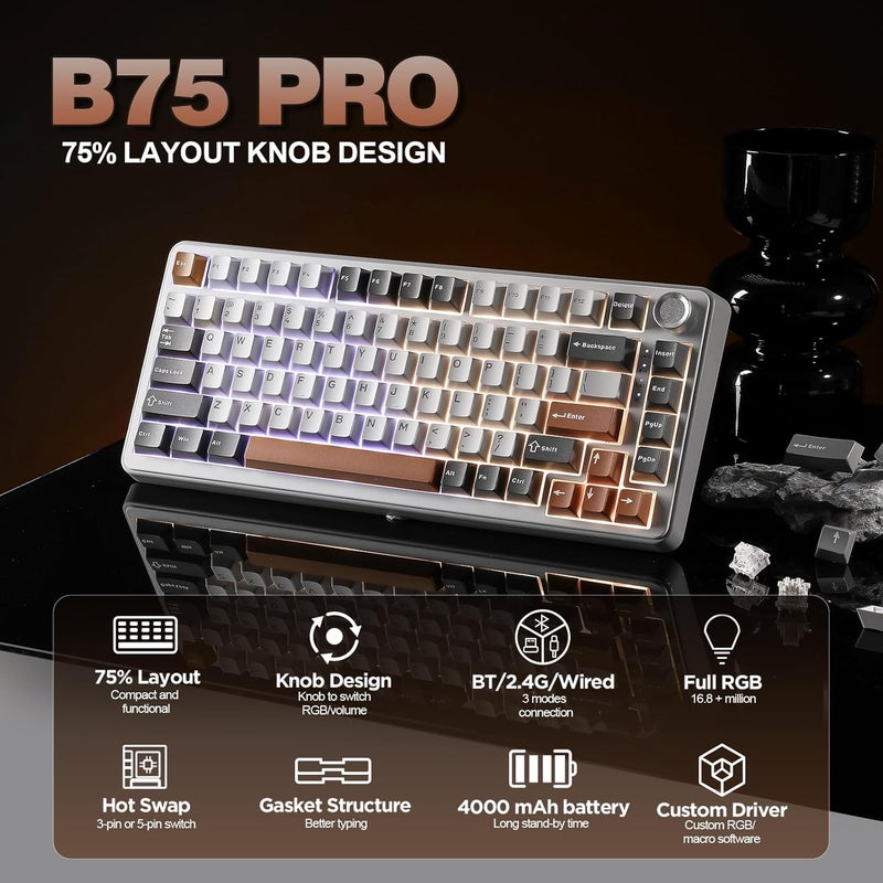 YUNZII B75 PRO Wireless Mechanical Keyboard,75% Layout with Knob,Hot Swap Gasket Custom Structure,Creamy Pre-lubed Switches,RGB Backlit,Bluetooth/Type-C/2.4G for Win/Mac (Milk Switch,Grey) - Image 2