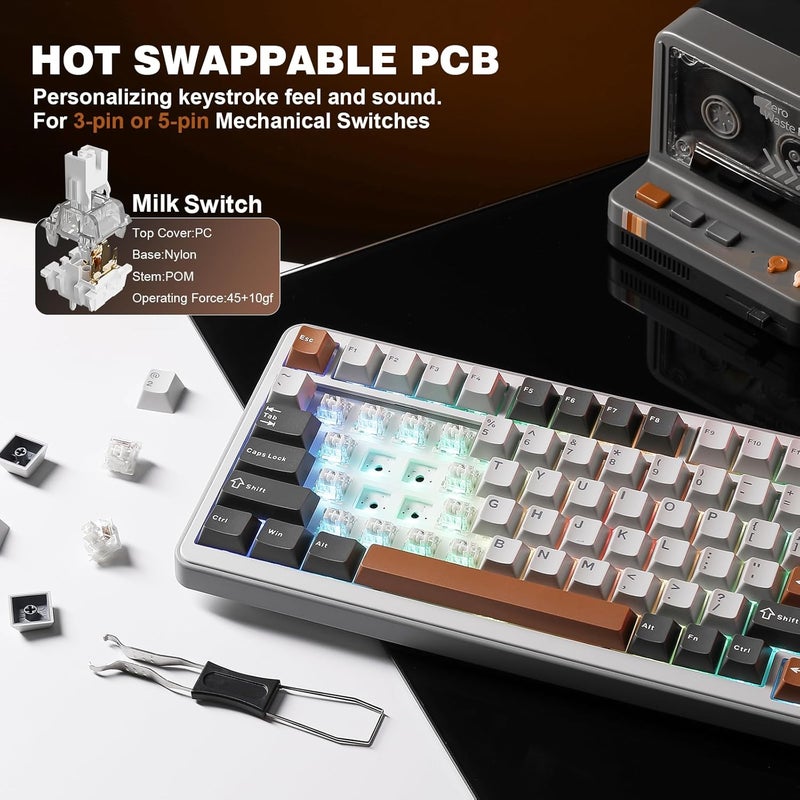 YUNZII B75 PRO Wireless Mechanical Keyboard,75% Layout with Knob,Hot Swap Gasket Custom Structure,Creamy Pre-lubed Switches,RGB Backlit,Bluetooth/Type-C/2.4G for Win/Mac (Milk Switch,Grey) - Image 5