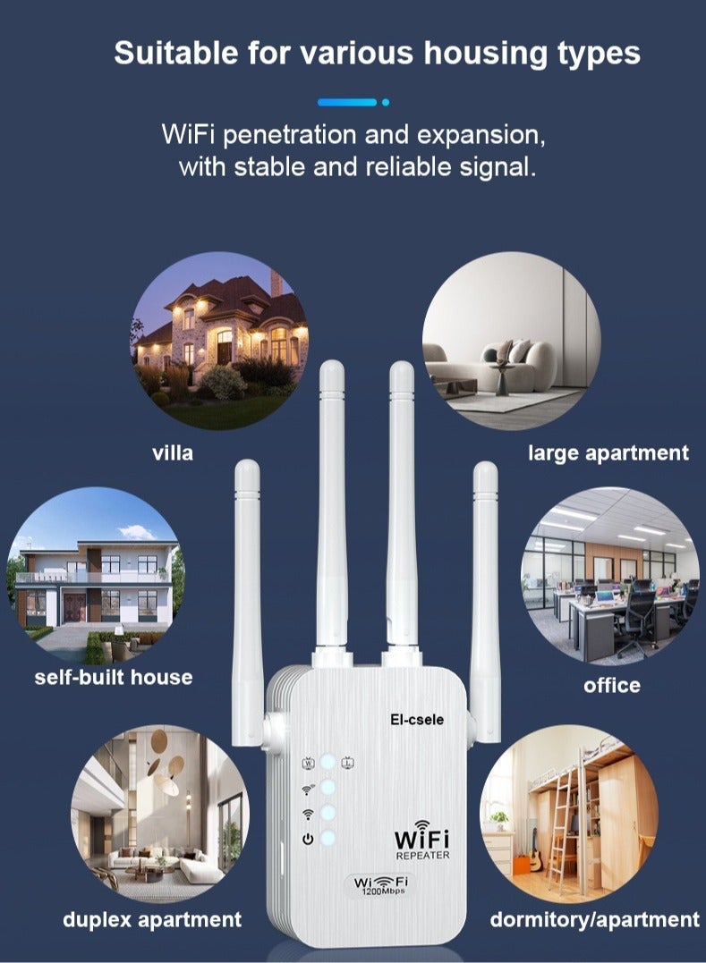 El-csele 1200Mbps 2.4G  5G Dual-Band WiFi Extender Repeater AP Router Triple Mode 1722 sq ft Coverage 4 High-Gain Antennas One-Touch Pairing - Image 2