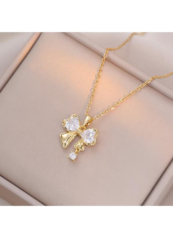 Generic - Women's Korean Style Butterfly Full Diamond Pink Zircon Niche Design Simple Necklace Bow Titanium Steel Necklace - Image 1