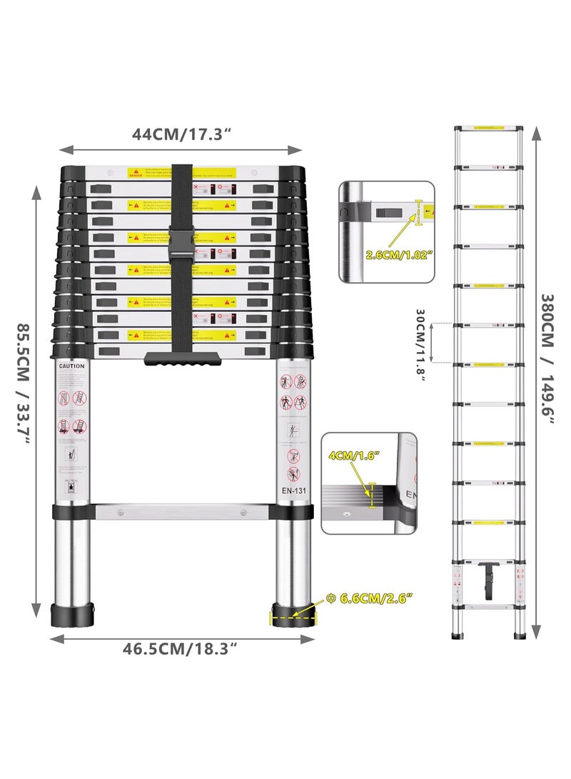 3.8m Thickened High Strength Stainless Steel Telescopic Ladder, Loft Ladder with Non-slip Feet, Portable Extendable Ladder, Adjustable Height Folding Ladder for Roof and Attic Caravans - Image 4