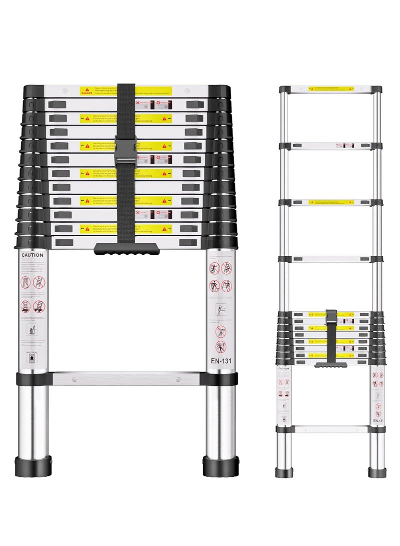 3.8m Thickened High Strength Stainless Steel Telescopic Ladder, Loft Ladder with Non-slip Feet, Portable Extendable Ladder, Adjustable Height Folding Ladder for Roof and Attic Caravans - Image 1