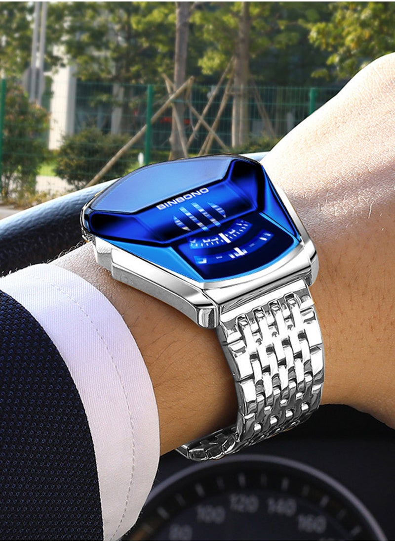 Men's Waterproof New Concept Locomotive Shaped Watch - Silver and Blue