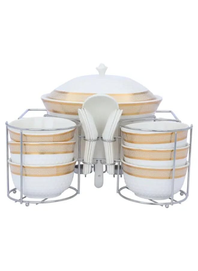 Alsaif Gallery - Porcelain soup set gold pattern with stand 15 pieces - Image 1
