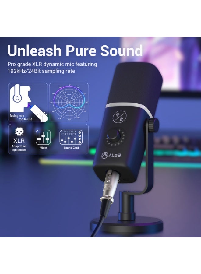 PureCast gaming microphone from AL3B, professional dynamic XLR/USB, 192kHz/24bit, with noise cancellation and RGB lighting. (BLACK) - Image 4