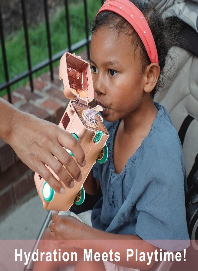 AROAQ School Bus Water Bottle With Wheels，With Shoulder Strap Children'S Small Car Straw Water Cup 500ml (Pink) - Image 2