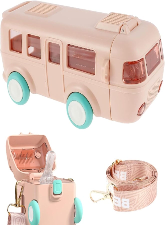 AROAQ School Bus Water Bottle With Wheels，With Shoulder Strap Children'S Small Car Straw Water Cup 500ml (Pink) - Image 1