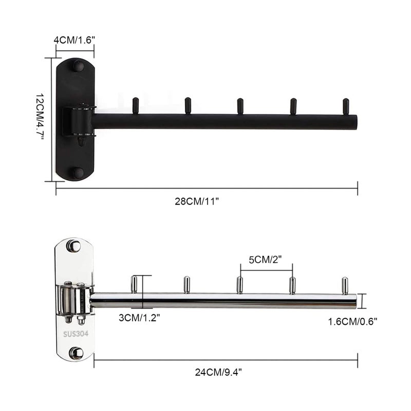 Zivisk Pack of 2 Folding Wall Mounted Clothes Hanger Rack with Swing Arm Stainless Steel Heavy Duty Coat Hook for Bathroom, Bedroom, Laundry Room - Black - Image 2