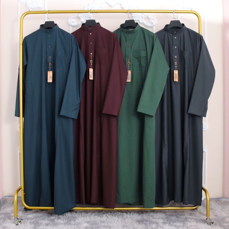 FN63-A New Men's Mandarin Collar Traditional Thobe Robe with Metal Buttons - Image 3