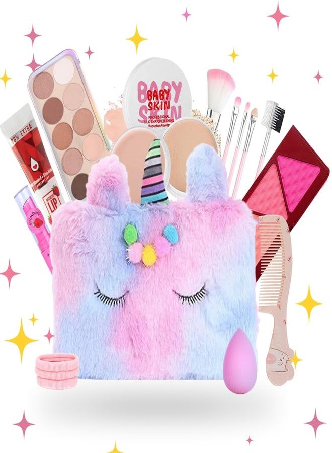 Linivya Kids Real Makeup Kit for Girls & Teens | 18-Piece Washable Set with Unicorn Fur Multicolor Bag | Safe & Non-Toxic Birthday Gift for Ages 6-16 - Image 1