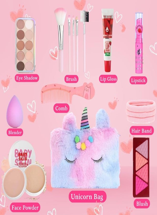Linivya Kids Real Makeup Kit for Girls & Teens | 18-Piece Washable Set with Unicorn Fur Multicolor Bag | Safe & Non-Toxic Birthday Gift for Ages 6-16 - Image 3