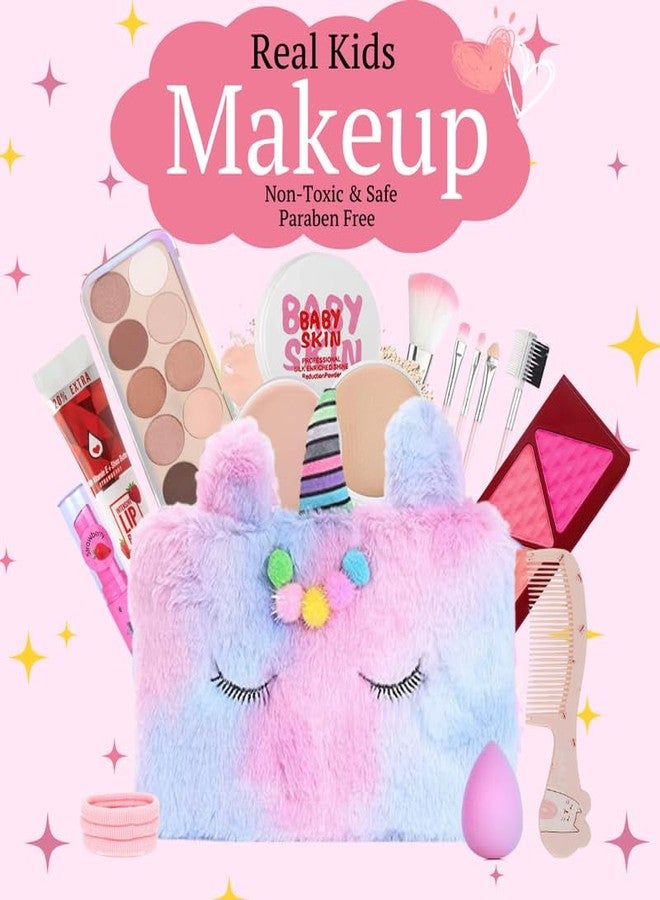 Linivya Kids Real Makeup Kit for Girls & Teens | 18-Piece Washable Set with Unicorn Fur Multicolor Bag | Safe & Non-Toxic Birthday Gift for Ages 6-16 - Image 2