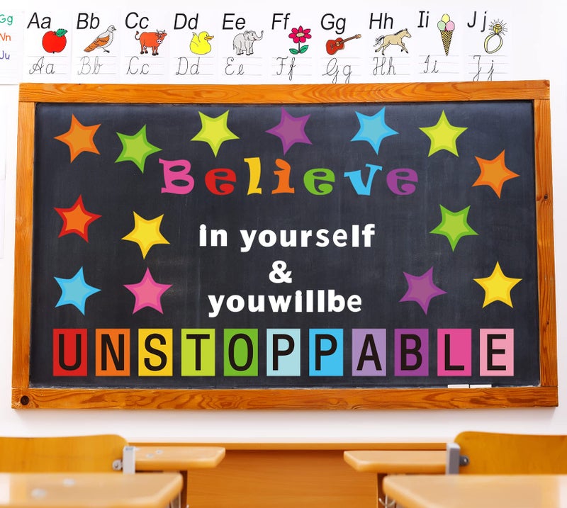 NBjiuyin 54 Pcs Believe in Yourself Bulletin Board Decorations Stylish Star Inspirational Quotes Bulletin Cutouts Wall Decals with Glue Point Dots for School Classroom Home Teacher Supplies