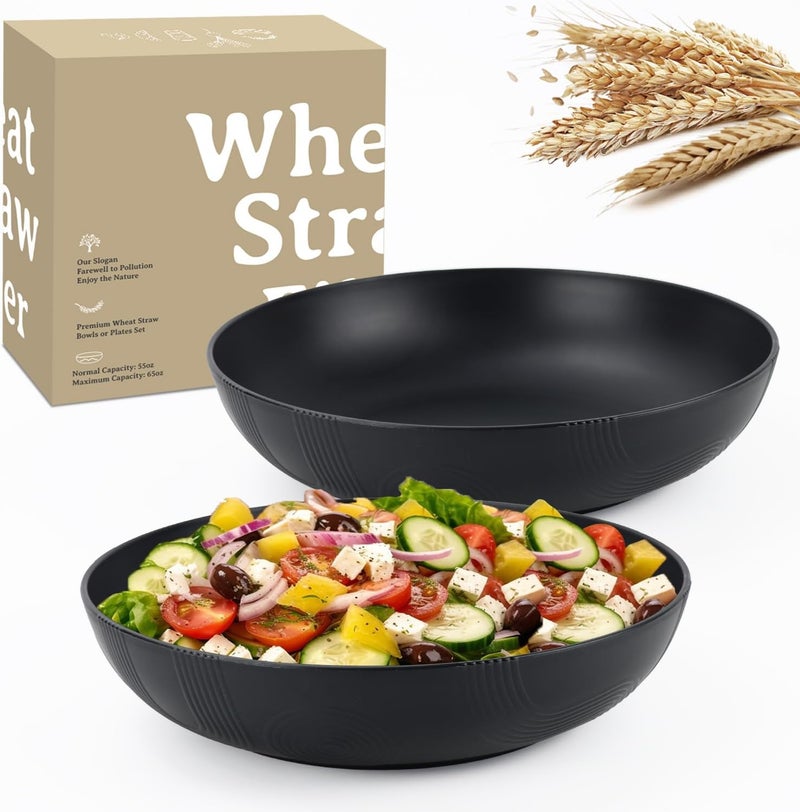 Wrova Large salad bowls65oz Salad bowls set of 2Unbreakable Plastic bowls Microwave  Dishwasher Safe BowlsWheat Straw Serving Bowls for Salad Cereal Fruit Dishwasher SafeBlack - Image 1