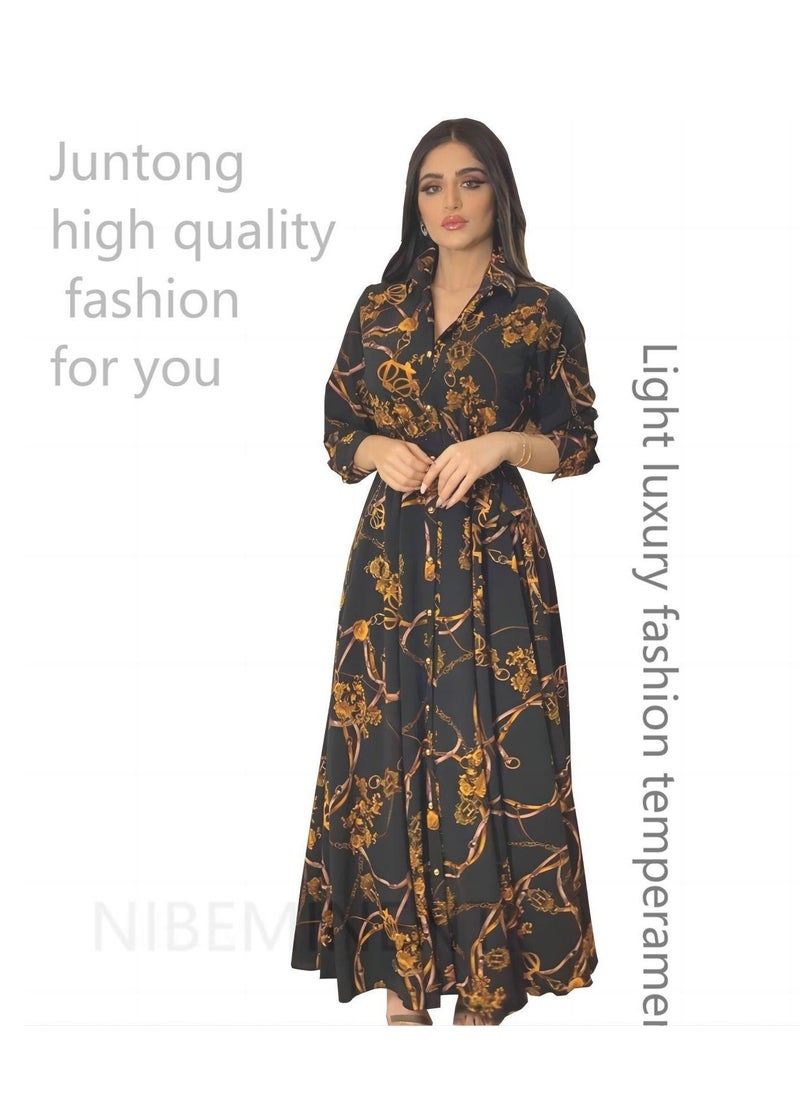 NIBEMINENT - Women's Latest Design casual Robe printed Long Sleeve Dress ，Polo V Neck Printed Abaya Muslim Large Swing Skirt Shirt Dress - Image 1