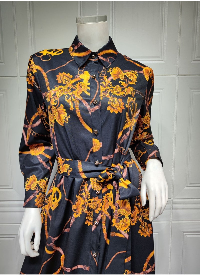 NIBEMINENT - Women's Latest Design casual Robe printed Long Sleeve Dress ，Polo V Neck Printed Abaya Muslim Large Swing Skirt Shirt Dress - Image 1