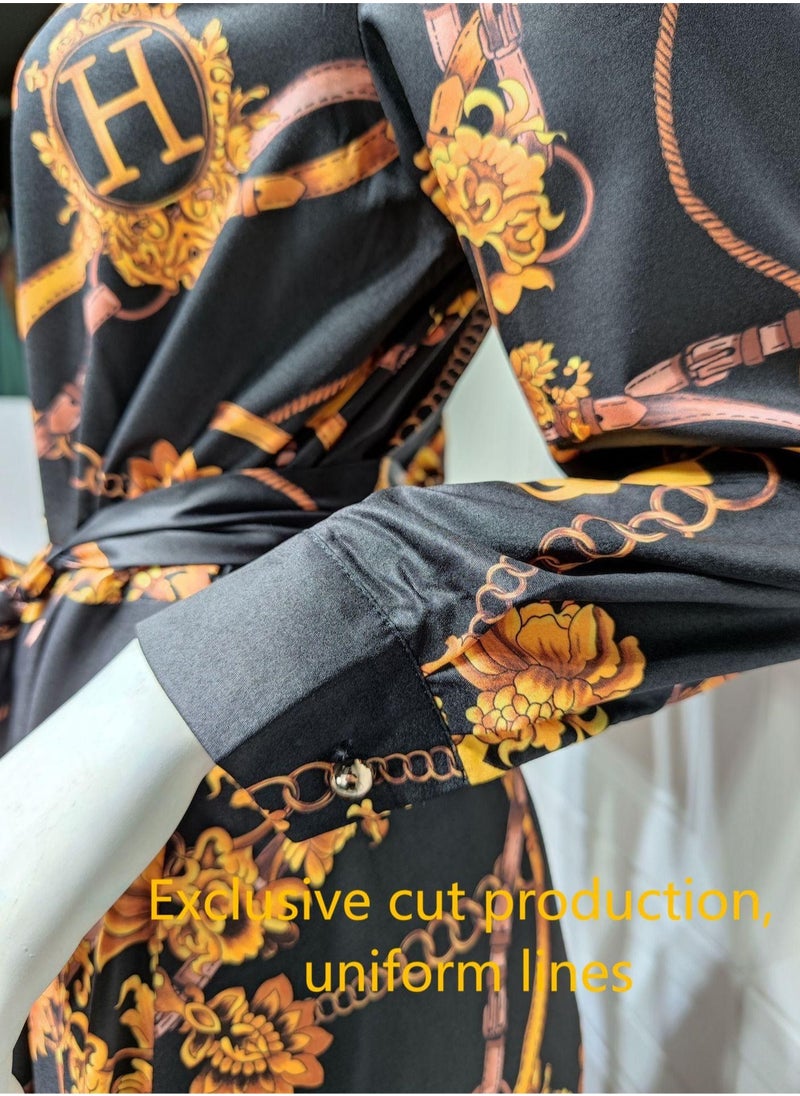NIBEMINENT - Women's Latest Design casual Robe printed Long Sleeve Dress ，Polo V Neck Printed Abaya Muslim Large Swing Skirt Shirt Dress - Image 1