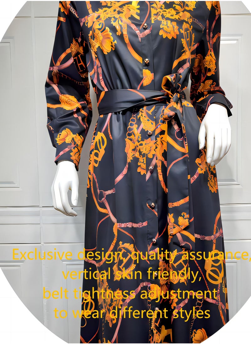 NIBEMINENT - Women's Latest Design casual Robe printed Long Sleeve Dress ，Polo V Neck Printed Abaya Muslim Large Swing Skirt Shirt Dress - Image 1