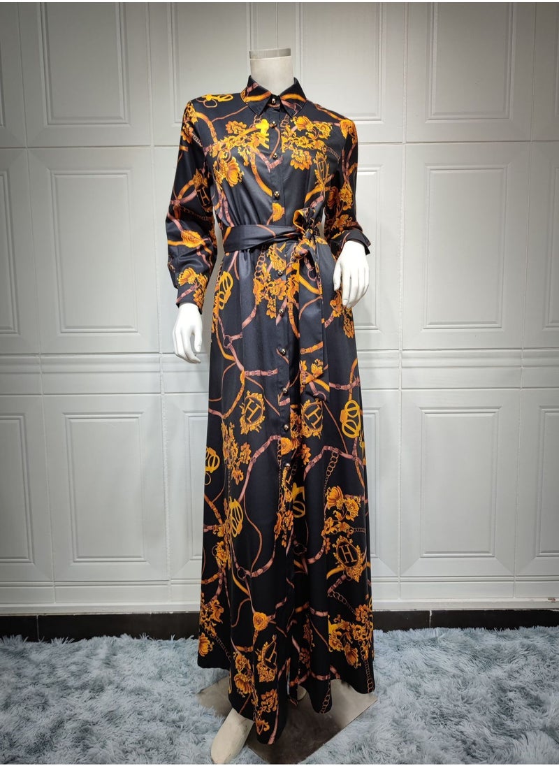 NIBEMINENT - Women's Latest Design casual Robe printed Long Sleeve Dress ，Polo V Neck Printed Abaya Muslim Large Swing Skirt Shirt Dress - Image 1