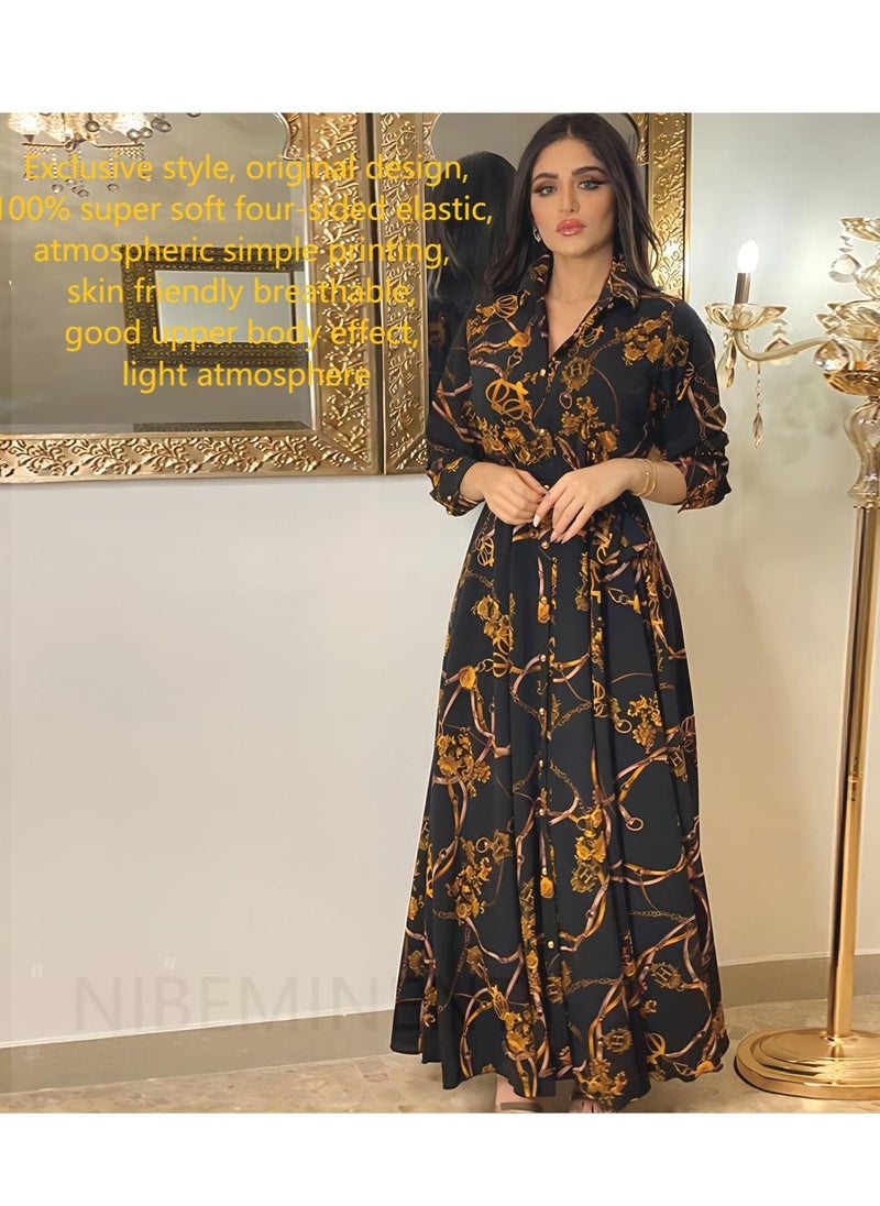 NIBEMINENT - Women's Latest Design casual Robe printed Long Sleeve Dress ，Polo V Neck Printed Abaya Muslim Large Swing Skirt Shirt Dress - Image 1