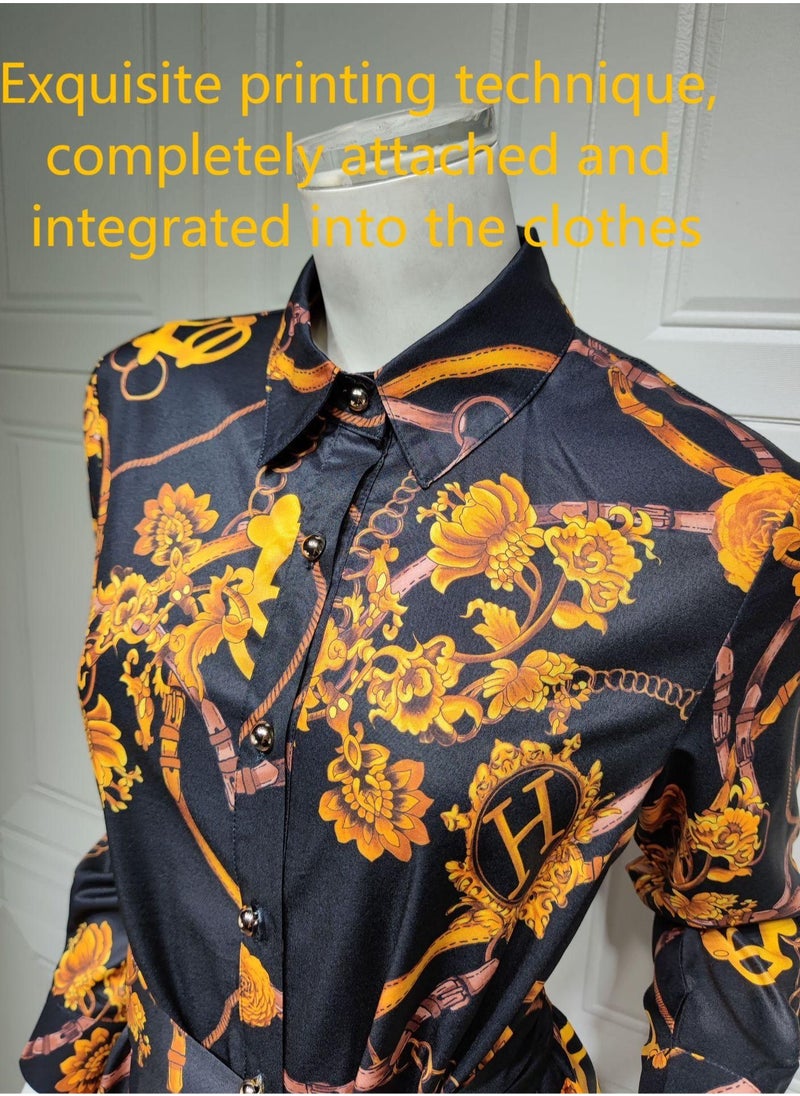 NIBEMINENT - Women's Latest Design casual Robe printed Long Sleeve Dress ，Polo V Neck Printed Abaya Muslim Large Swing Skirt Shirt Dress - Image 1
