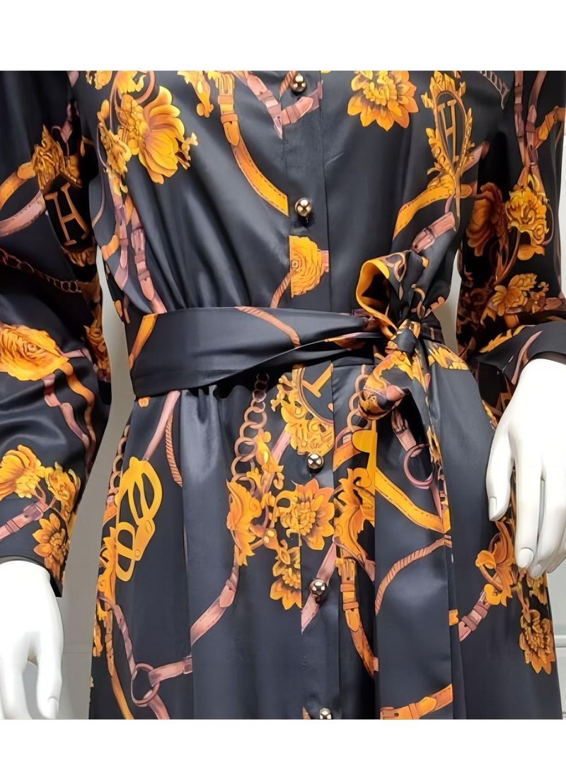 NIBEMINENT - Women's Latest Design casual Robe printed Long Sleeve Dress ，Polo V Neck Printed Abaya Muslim Large Swing Skirt Shirt Dress - Image 1